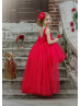 Beaded Red Satin Tulle V Back High Low Flower Girl Dress